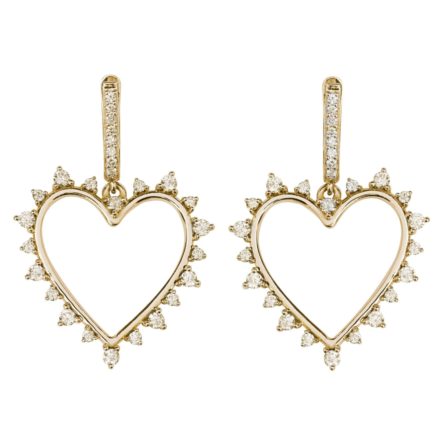 18K Heart Shaped Round Cut Diamond Hoop Earrings