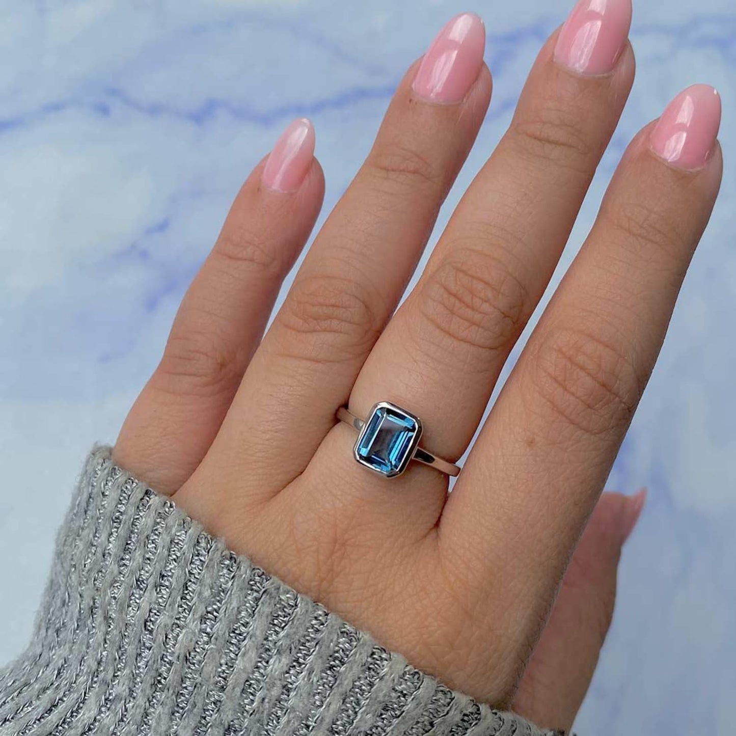 Emerald Cut Dainty London Blue Topaz Ring