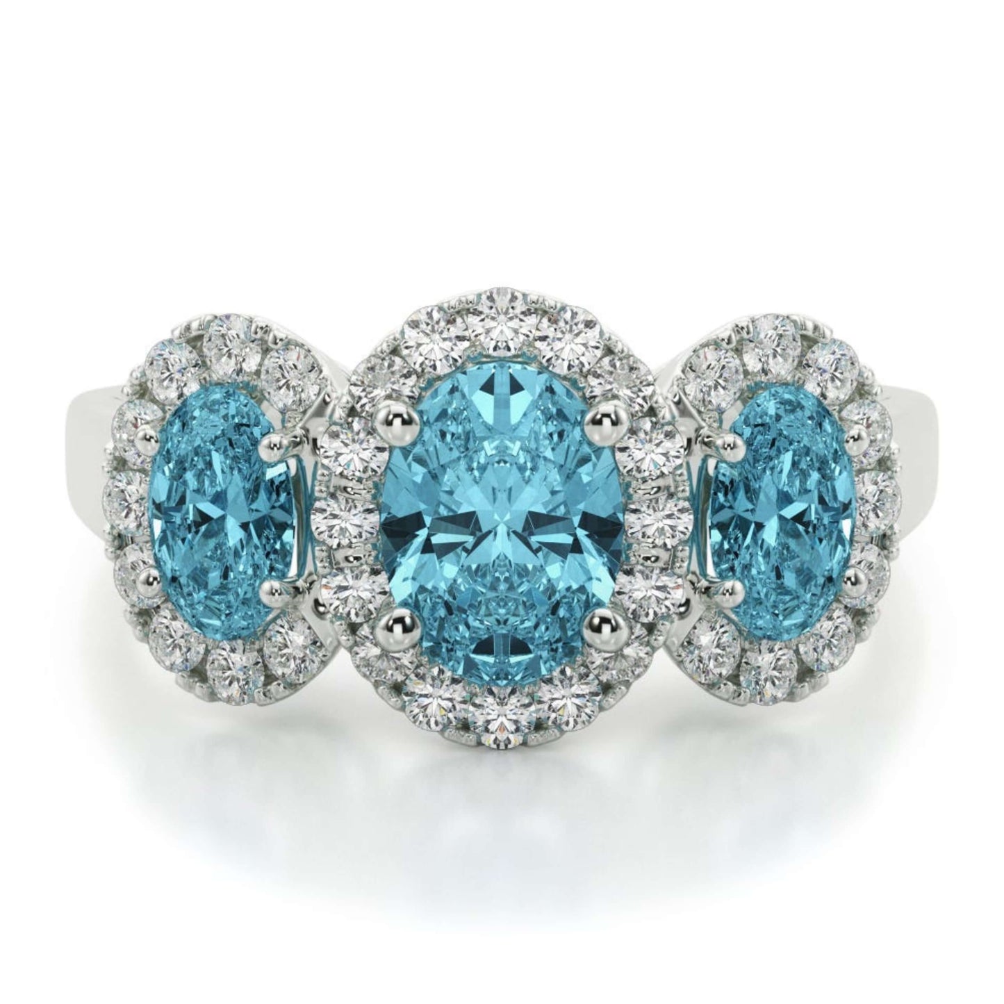 Blue Oval Cut Lab Diamond Three Stone Ring
