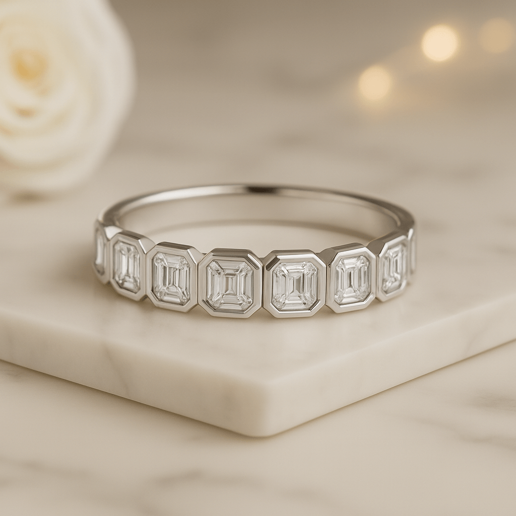 Asscher Cut Bezel Set Diamond Wedding Band