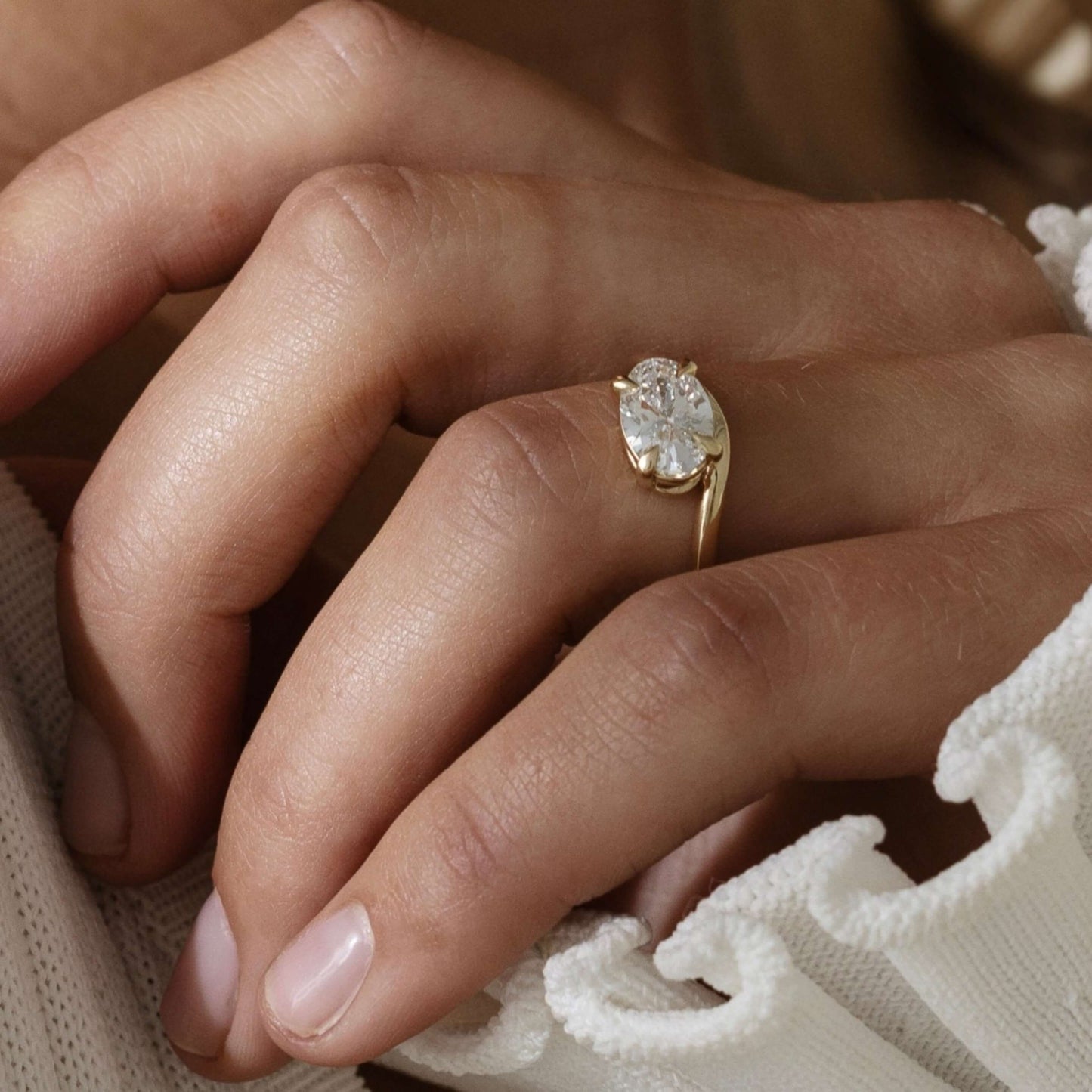 East-West Oval Diamond Curved Wedding Ring For Her