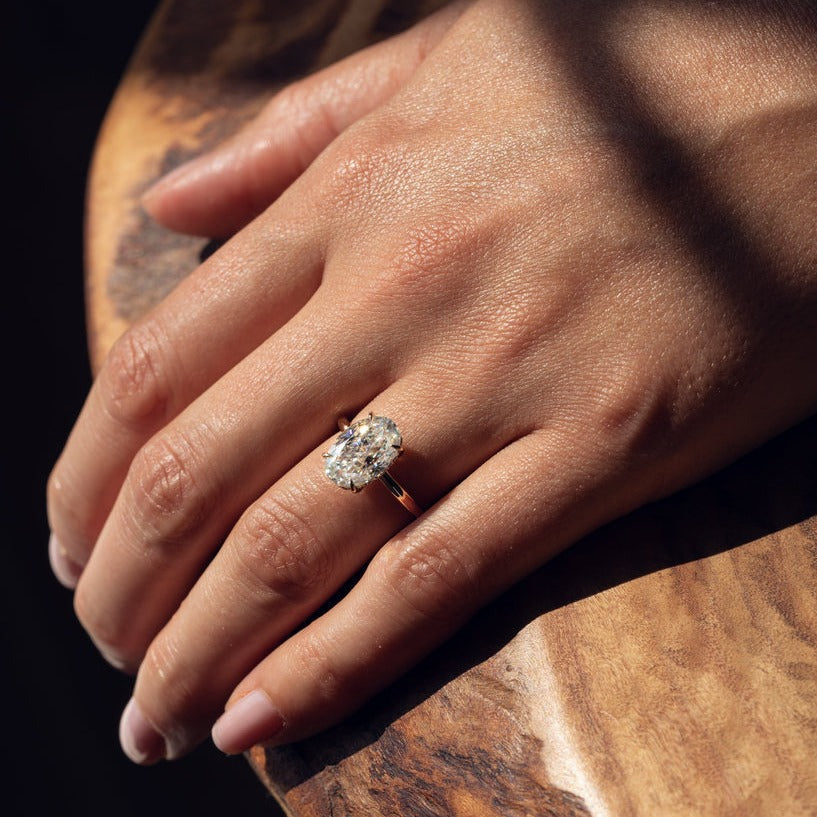 East West Oval Cut Moissanite Hidden Halo Ring, Solitaire Bridal Ring For Her