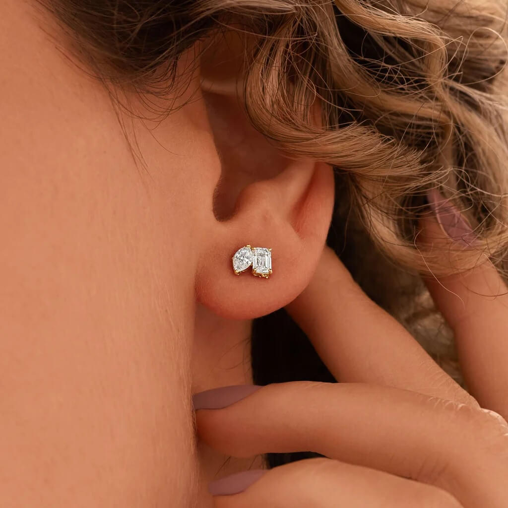 Emerald and_Pear Moissanite Two Stone Stud Earrings