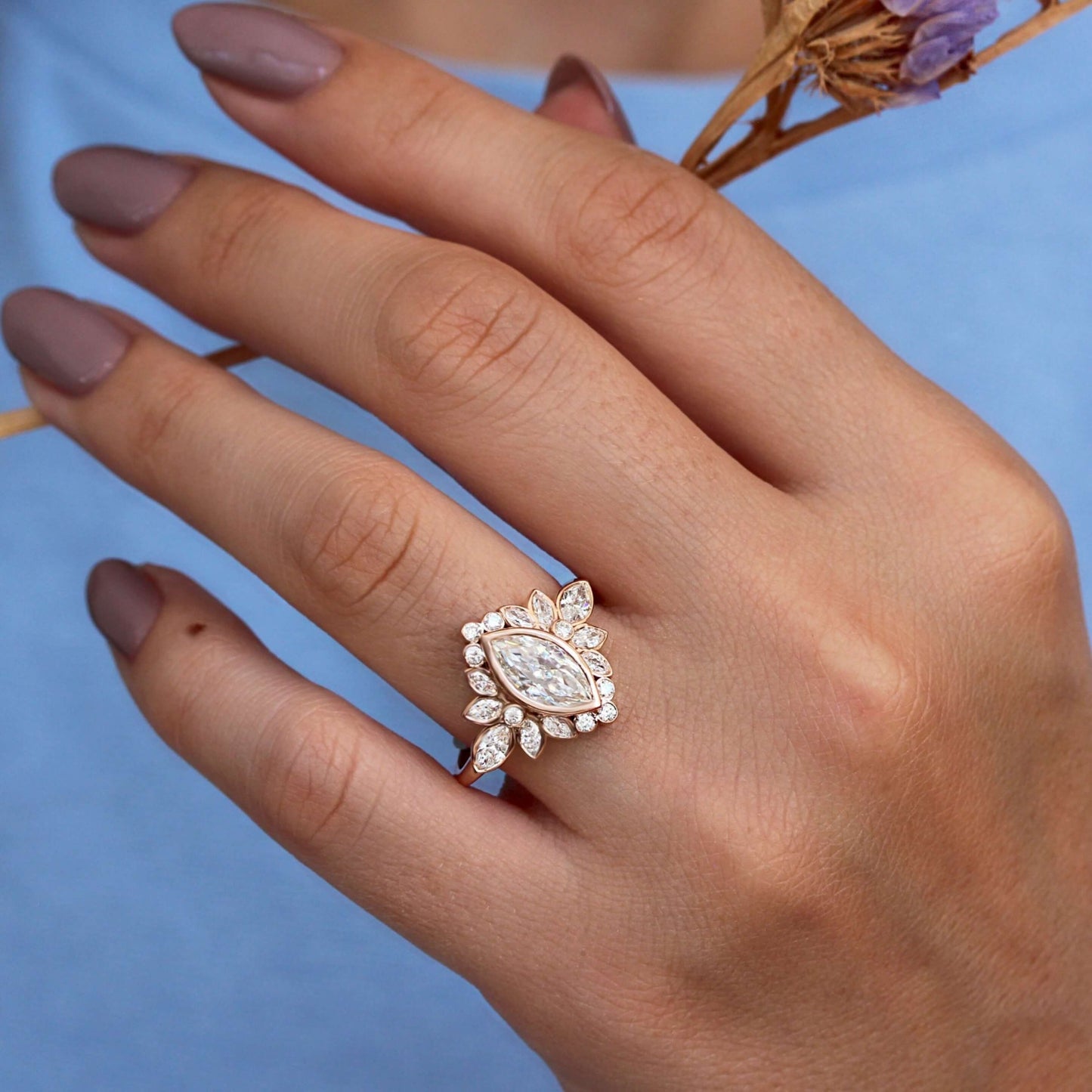 Marquise Cut Moissanite Bezel Set Art Deco Engagement Ring