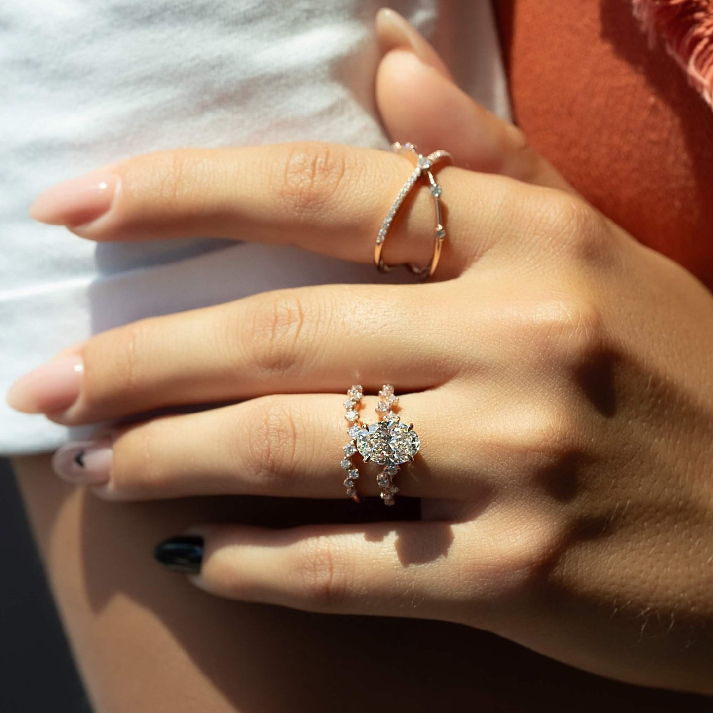 Oval Moissanite Ring, Oval Distance Pave, Oval Unique Pave,