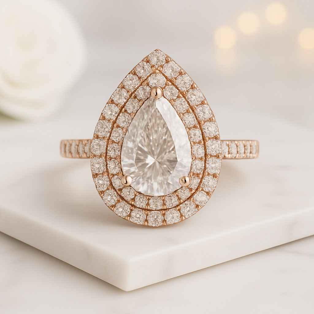 Pear Cut Blue Sapphire Halo Engagement Ring with Double Row Pave Setting