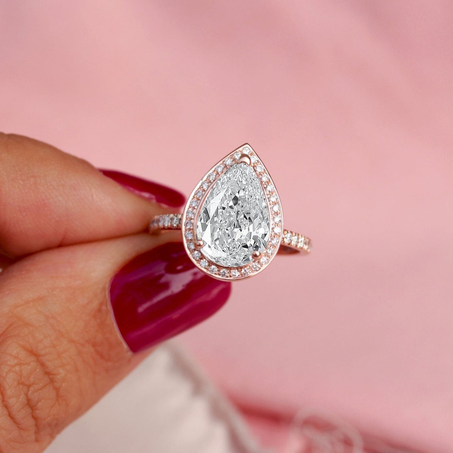 Pear Diamond Engagement Ring, Lab Grown Diamond Ring, Pear Cut Halo Ring, Pave Band, Wedding Ring For Her