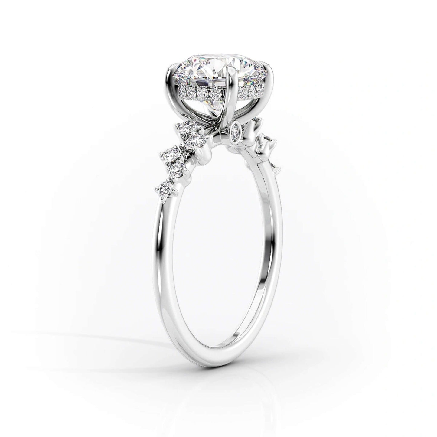 Round Cut Lab Grown Diamond Engagement Ring, 18k Solid Gold Cluster Diamond Ring