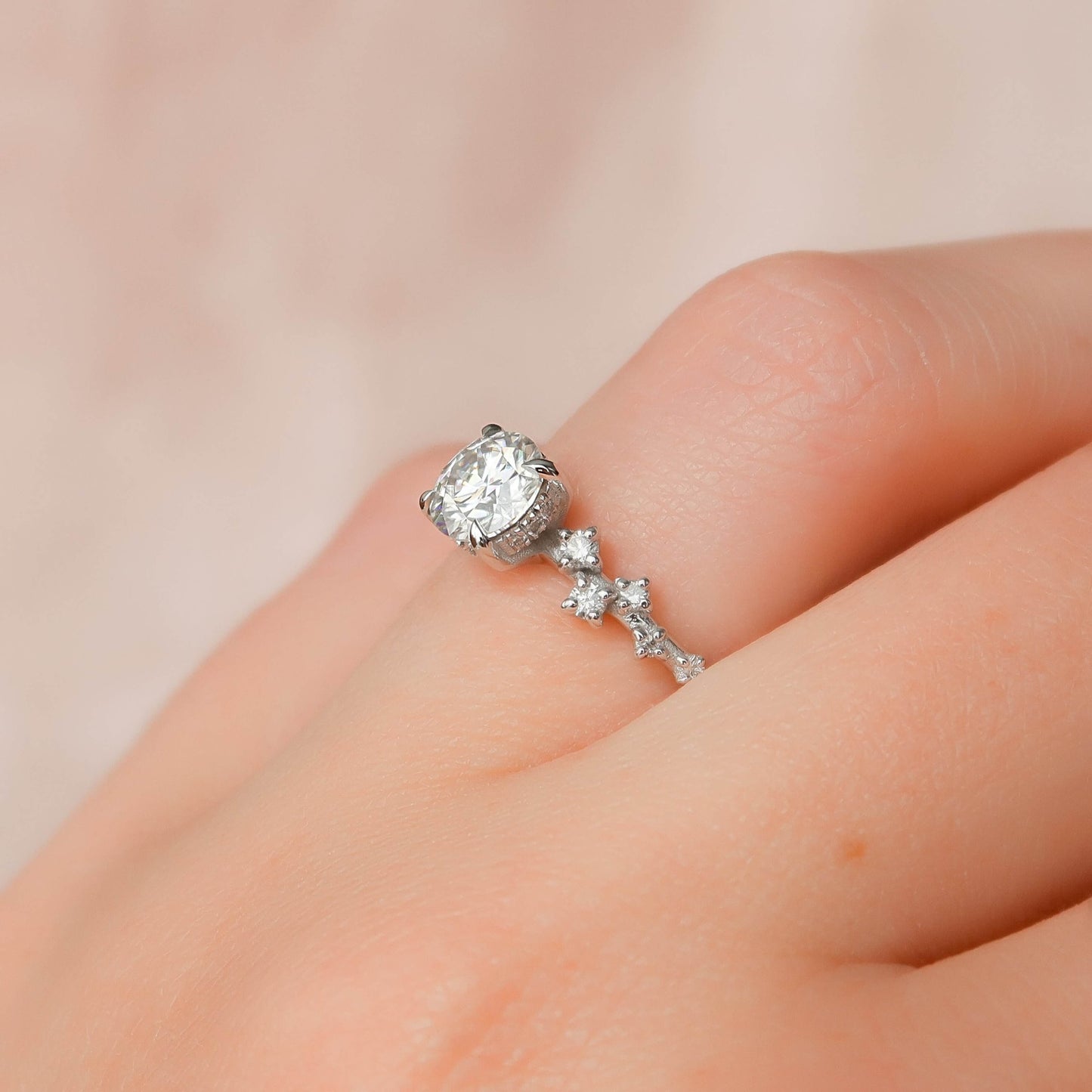Round Cut Moissanite Engagement Ring, Solid Gold Wedding Ring, Cluster Diamond Promise Ring