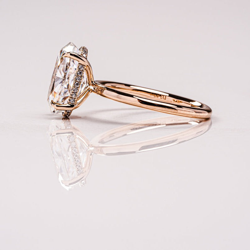 Solid Gold Oval Moissanite Engagement Ring with Hidden Halo, 18K Gold Proposal Ring