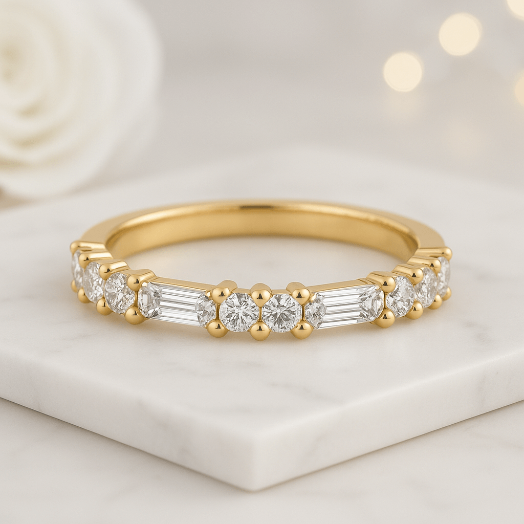 Solid White Yellow Rose Gold Baguette Wedding Band