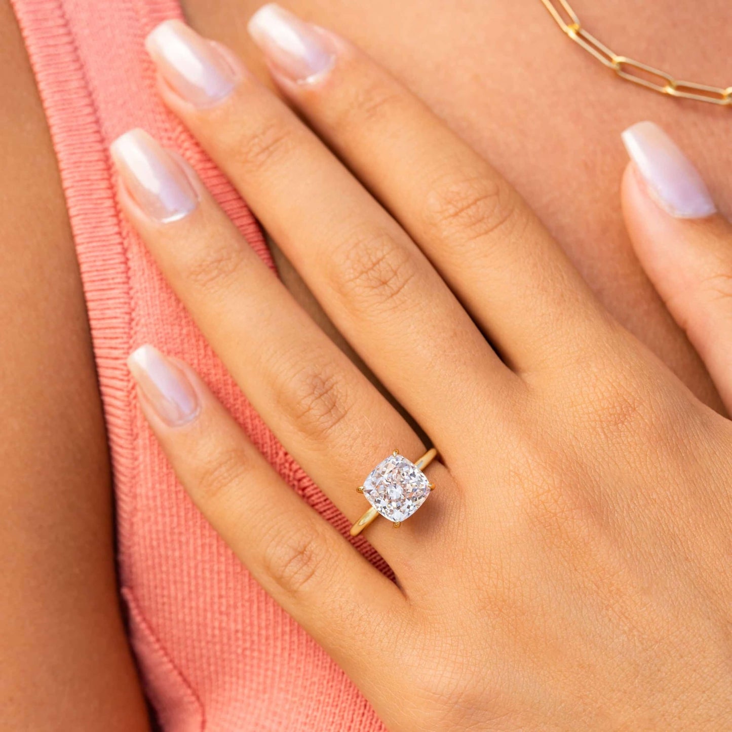 Solid Yellow Gold Cushion Cut Diamond Hidden Halo Ring