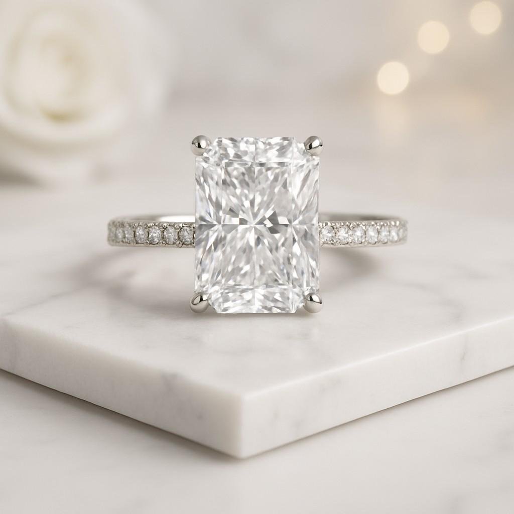 three side pave set with radiant cut lab grown diamond wedding ring for women