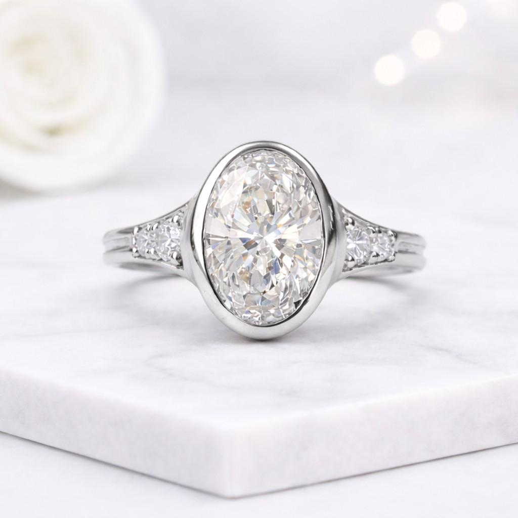 oval cut ring bezel set ring lab diamond ring oval solitaire ring oval stone ring side diamonds ring elegant jewelry