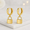 18K Yellow Gold Padlock Charm Huggie Hoop Earrings