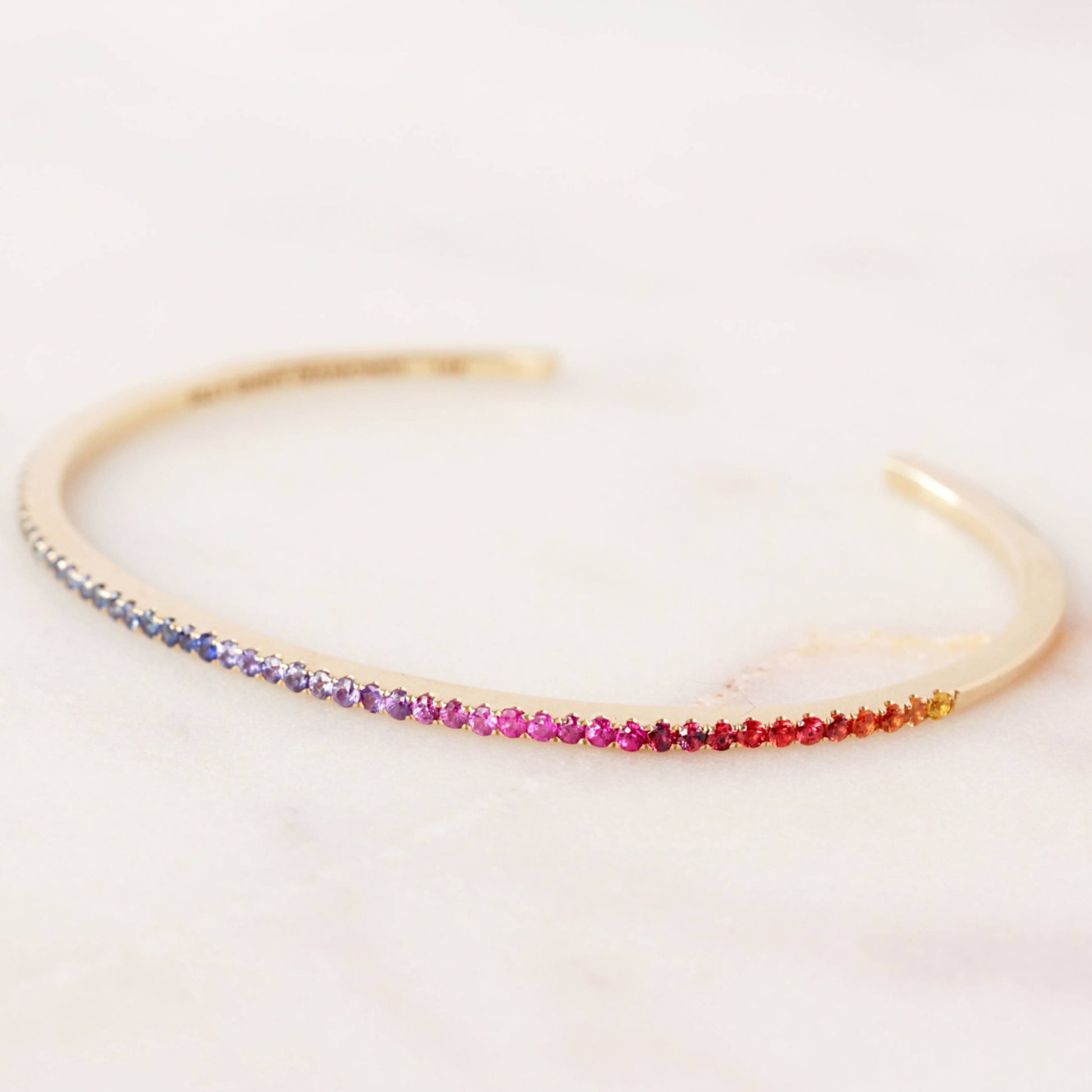 10k Gold Rainbow Gemstones Thin Cuff Bangle Bracelet