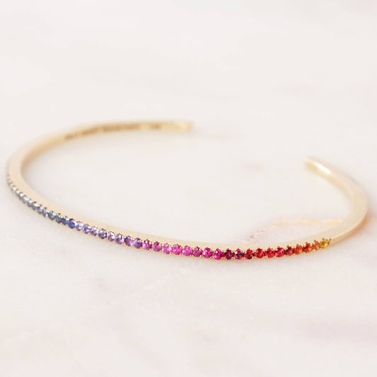 10k Gold Rainbow Gemstones Thin Cuff Bangle Bracelet