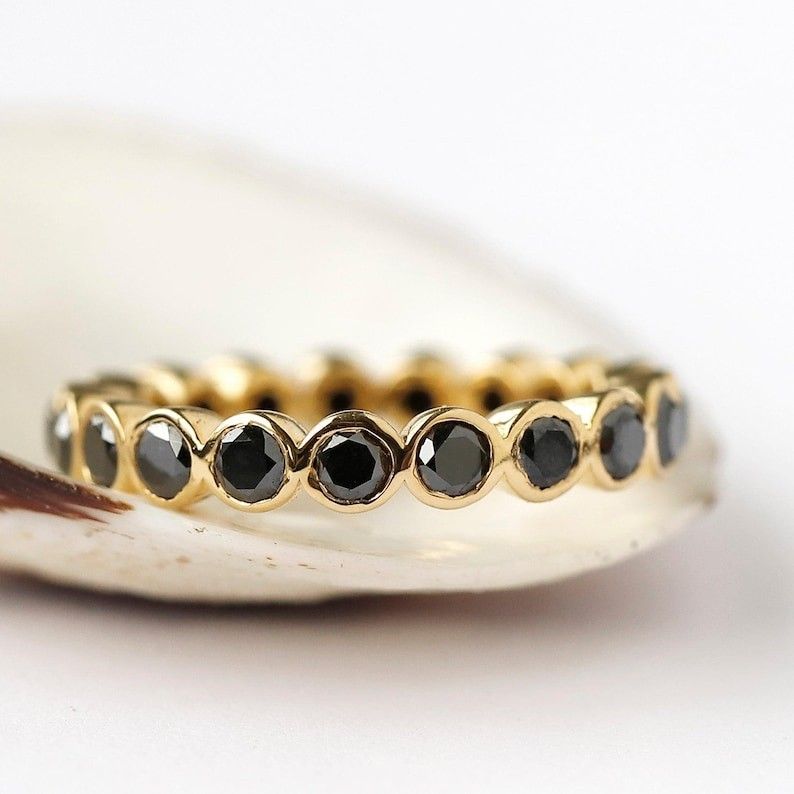 10k Yellow Gold Bezel Set Black Diamond Band For Her
