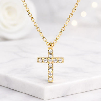 14K Gold Diamond Cross Necklace Tiny Religious Pendant Dainty Adjustable Pendant