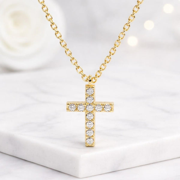 14K Gold Diamond Cross Necklace Tiny Religious Pendant Dainty Adjustable Pendant