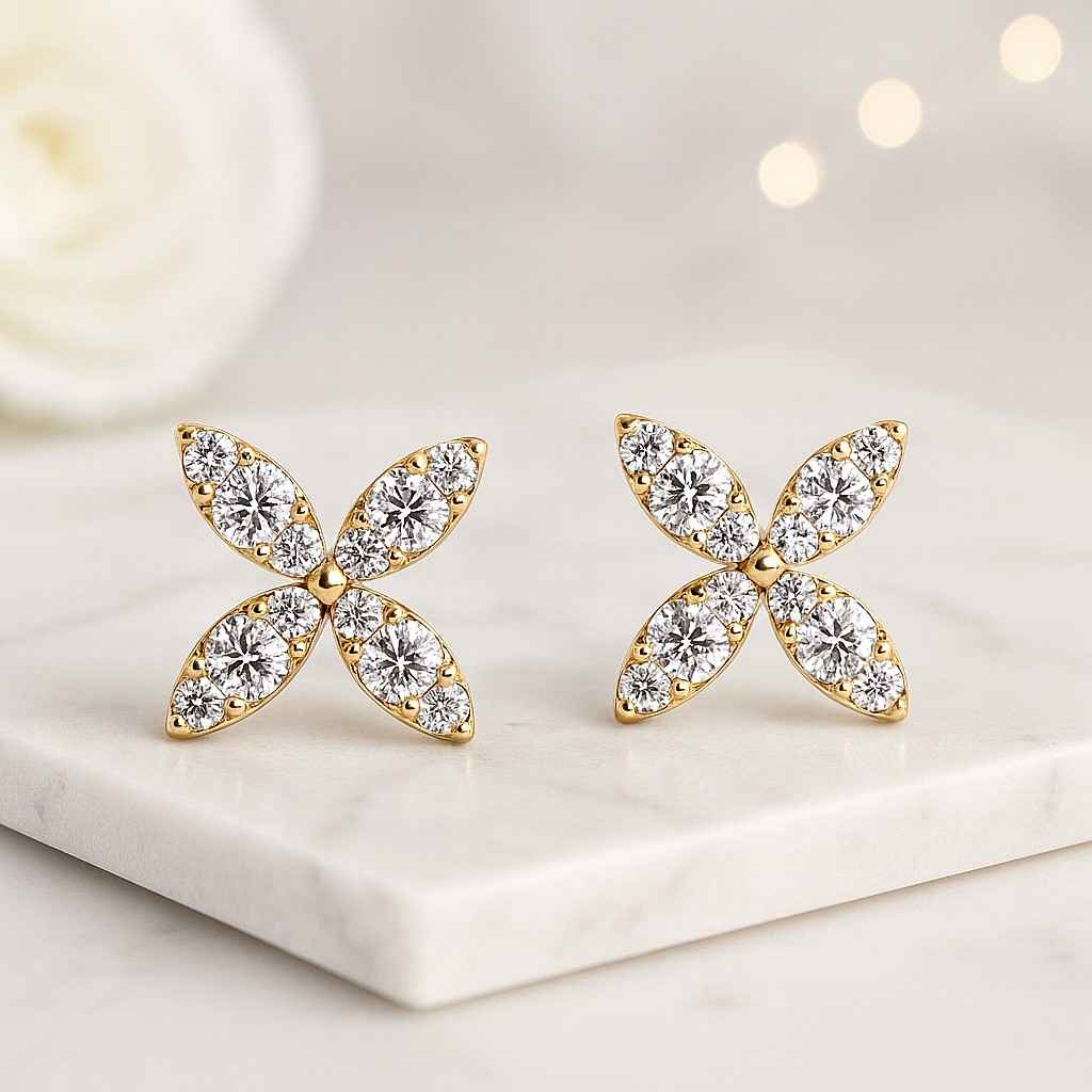 14K Gold Diamond Flower Hoop Earrings Marquise Cut Dangle Drop Earring