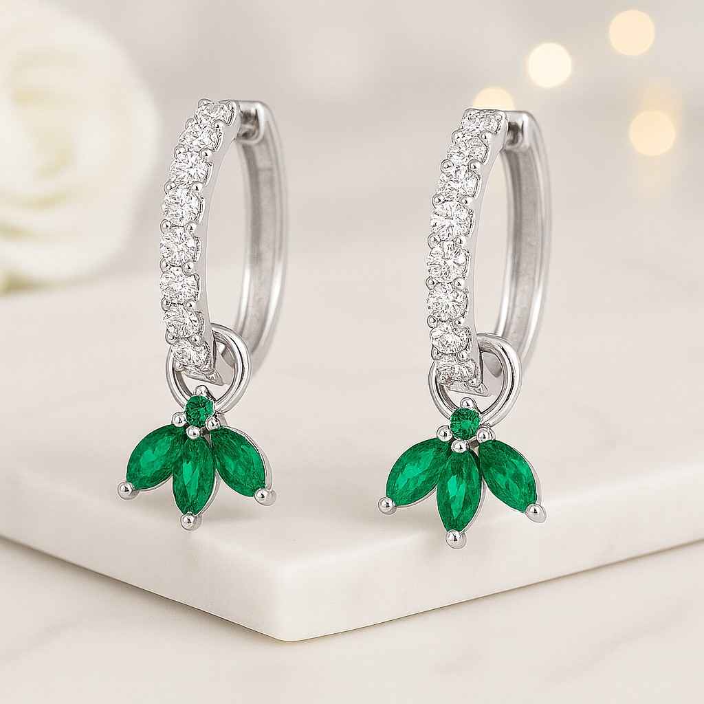 14K Gold Diamond Hoop Earrings Marquise Emerald Huggies