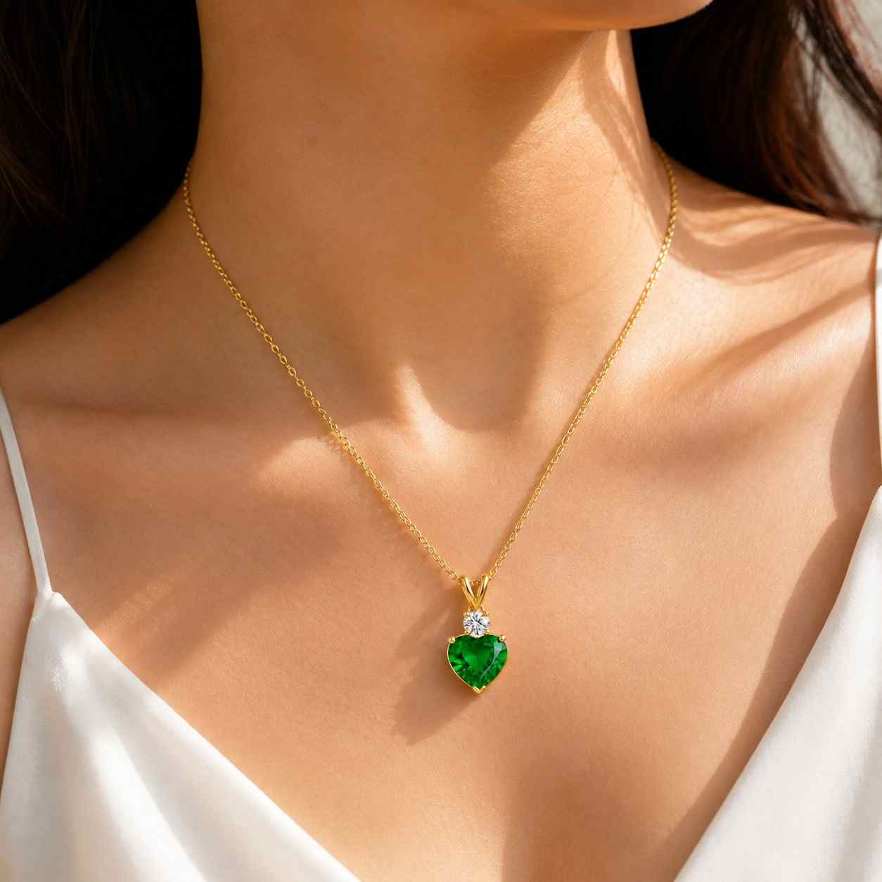 14K Gold Emerald Heart Necklace - May Birthstone Pendant