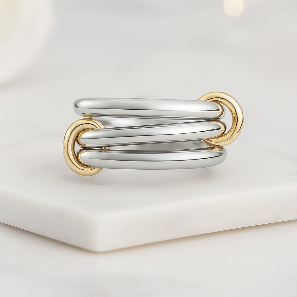14K Gold Interlocked Band Ring Two Tone Linked Spinner Ring Stackable Gold Jewelry
