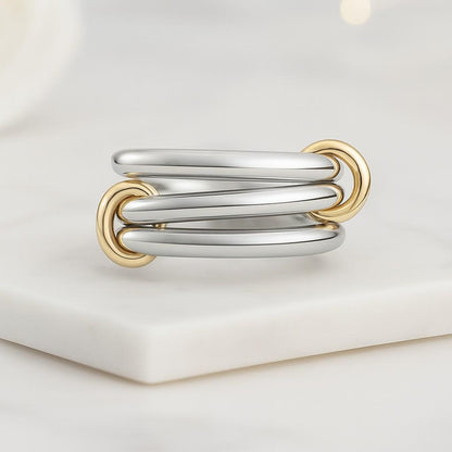 14K Gold Interlocked Band Ring Two Tone Linked Spinner Ring Stackable Gold Jewelry