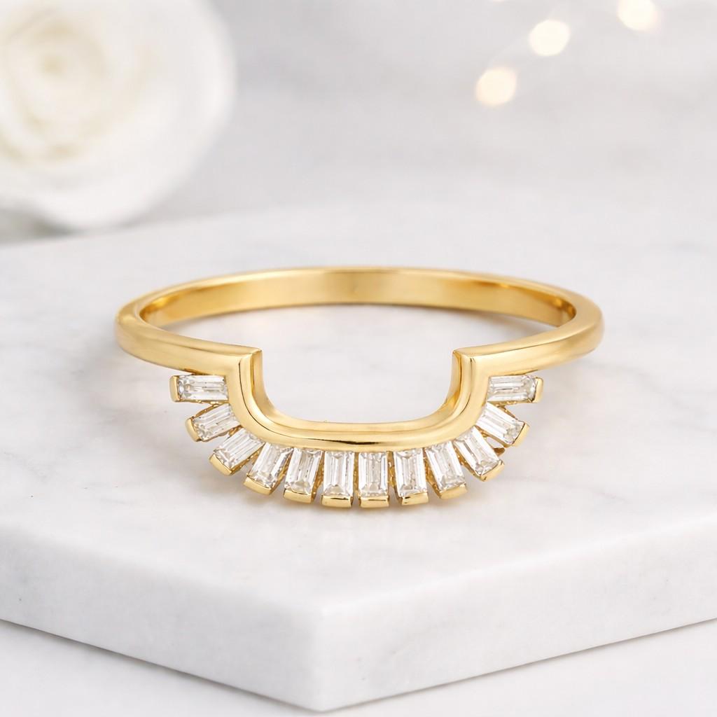 14k solid gold curved wedding band - v shaped moissanite nesting ring - dainty half eternity stacking band - solitaire ring enhancer for her
