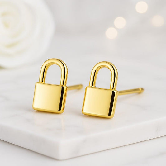 14K Solid Gold Lock Stud Earrings Minimalist Diamond Jewelry
