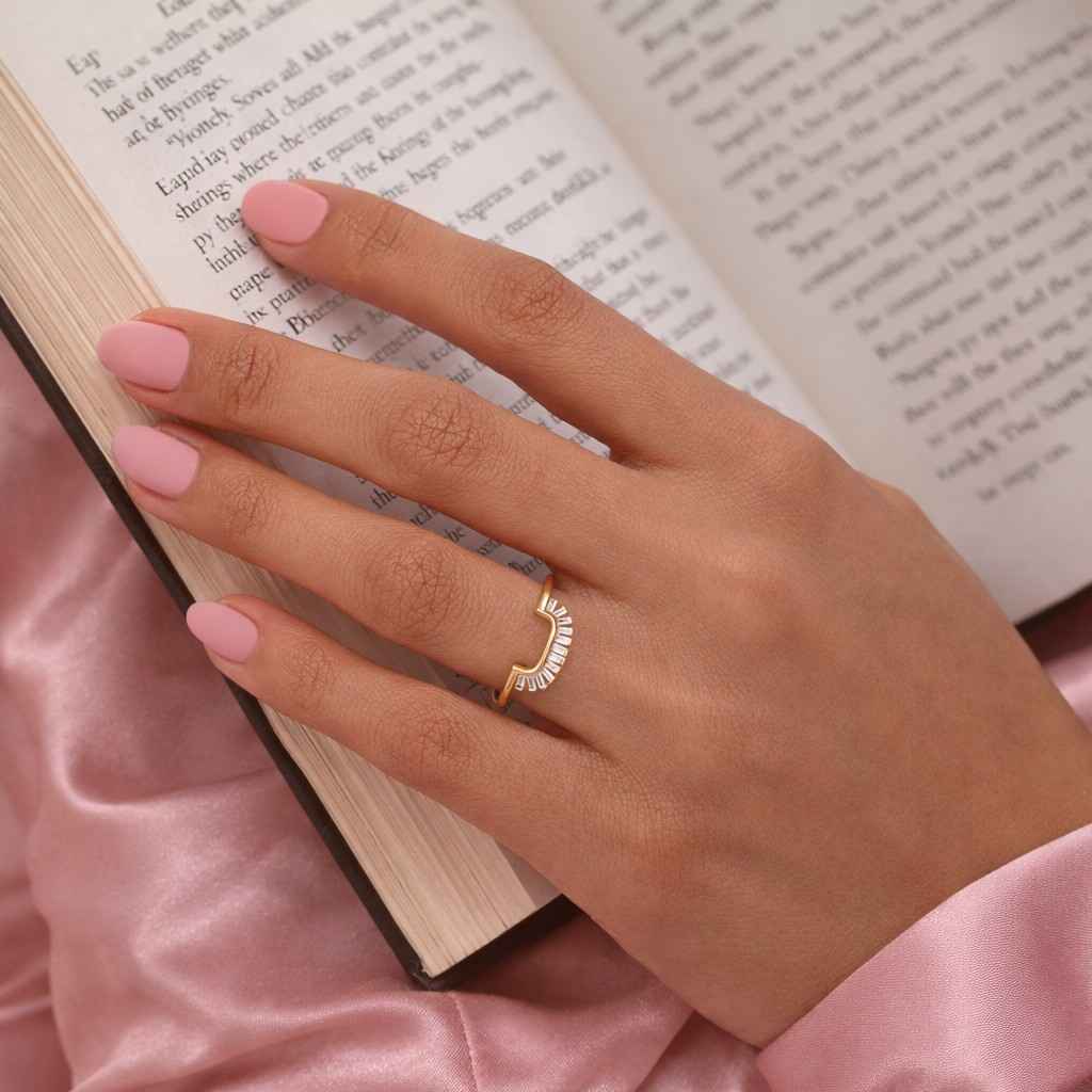 14k solid gold marquise curved wedding band, diamond chevron ring enhancer, stackable v shape ring for solitaire engagement ring
