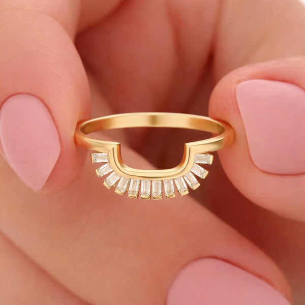 14K Solid Gold Pear Lab Diamond Curved Wedding Band, Trilogy Stacking Engagement Ring
