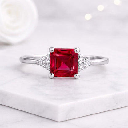 14K Solid Gold Ruby Ring, 5 Stone Ruby Band, July Birthstone Ring, Dainty Stacking Ring, Minimalist Gold Ring for Women, Birthday Gifts
