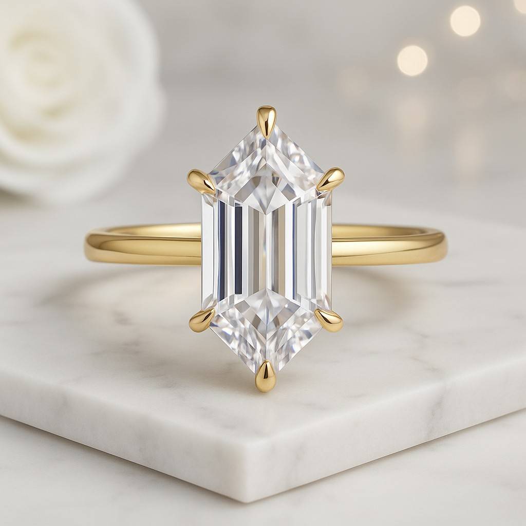 14K Yellow Gold Anniversary Gift Ring Elongated Hexagon Cut Diamond Engagement Ring