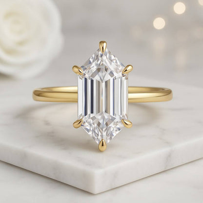 14K Yellow Gold Anniversary Gift Ring Elongated Hexagon Cut Diamond Engagement Ring