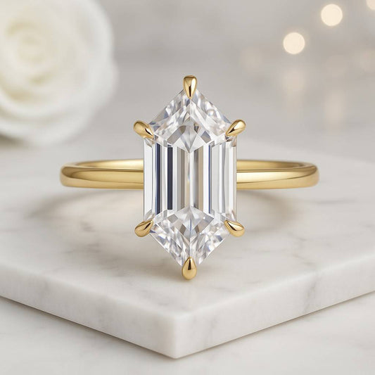 14K Yellow Gold Anniversary Gift Ring Elongated Hexagon Cut Diamond Engagement Ring