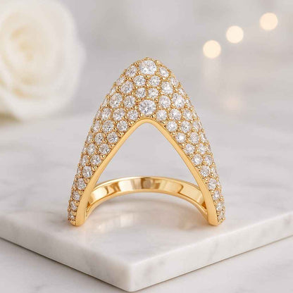 14K Yellow Gold Lab Grown Diamond Proposal Band Pave Diamond Curved Wedding Band 14k Solid Gold Chevron Ring