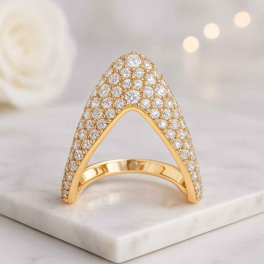 14K Yellow Gold Lab Grown Diamond Proposal Band Pave Diamond Curved Wedding Band 14k Solid Gold Chevron Ring
