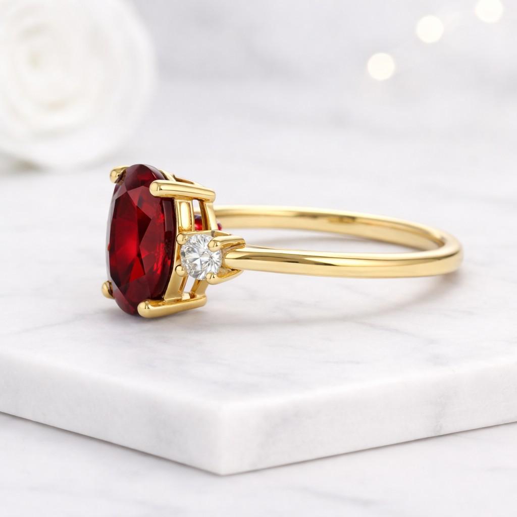 14k oval ruby lab gemstone ring, bezel set ruby engagement ring, minimalist gold ring with side pear diamonds, modern statement ring
