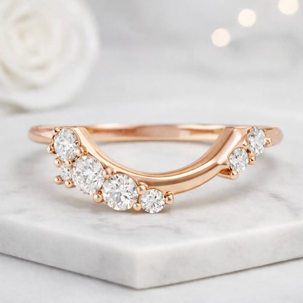 14k Solid Gold Curved Diamond Wedding Band