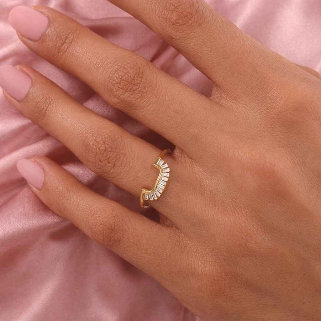 14k Solid Gold Curved Wedding Band – Pave Diamond Nesting Ring for Women, Stackable Engagement Ring Enhancer, Elegant Gold Gift
