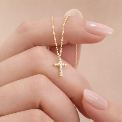 14k Solid Gold Diamond Cross Pendant, 14k Gold Petite Layering Necklace