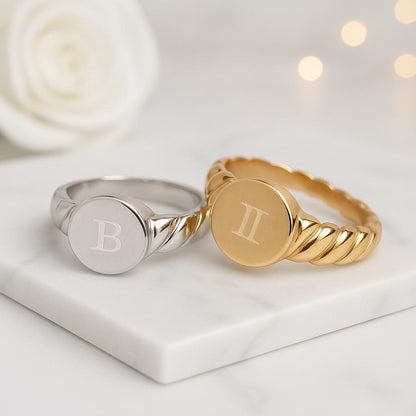 14k Solid Gold Engraved Signet Ring Circle Signet Ring Gold Pinky Ring