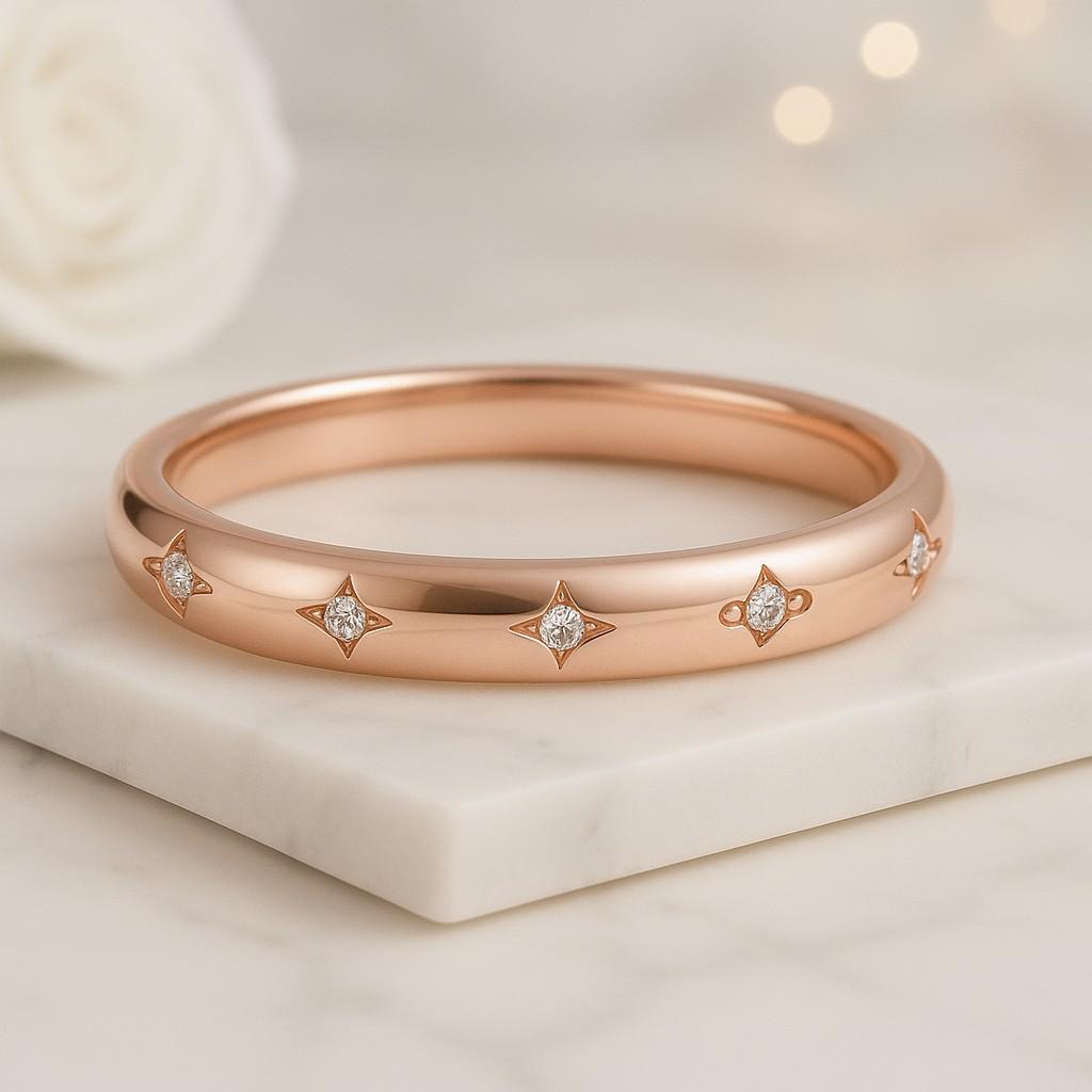 14k Solid Gold Star Wedding Band Dainty Celestial Diamond Ring for Women Minimalist Anniversary Band