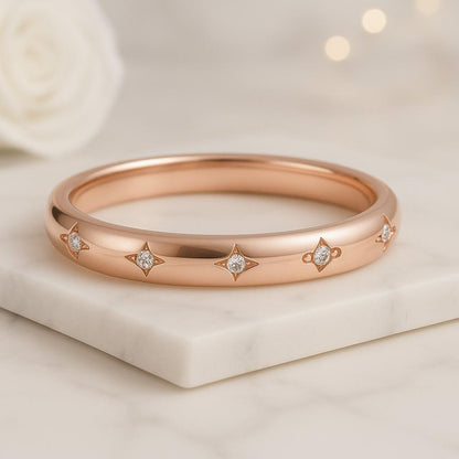 14k Solid Gold Star Wedding Band Dainty Celestial Diamond Ring for Women Minimalist Anniversary Band