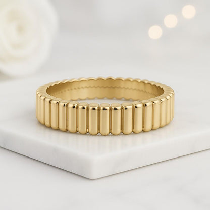 14k Solid Gold Wave Wedding Band Textured Minimalist Ring for Men or Women