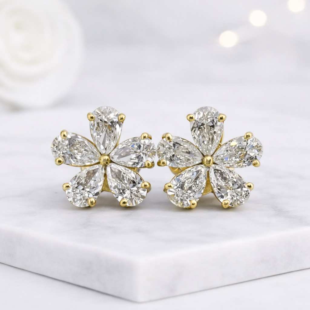 14k solid yellow gold pear shape lab grown diamond flower ear studs