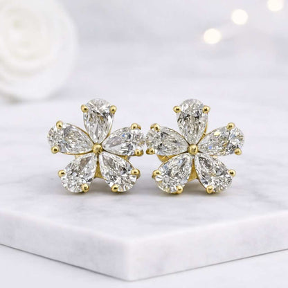 14k Solid Yellow Gold Pear Shape Lab Grown Diamond Flower Ear Studs