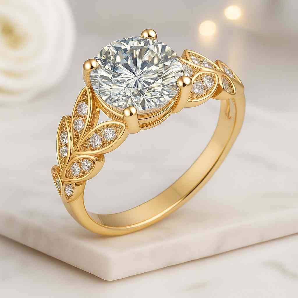 18K Gold Gems Bridal Ring Promise Ring Lab Grown Diamond Engagement Ring 18K Yellow Gold Leaf Bridal Ring